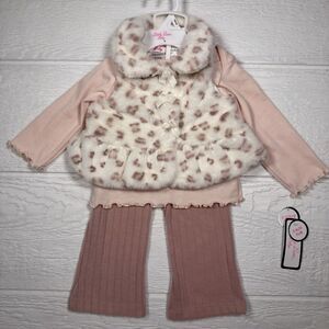 Little Lass Baby Girl 3-Piece Faux Fur Vest Outfit Pink Cheetah 6-9M NWT